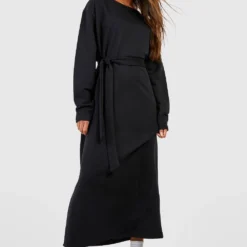 Langärmliges Sweatshirt-Kleid Mit Bindegürtel -Diven Stil Verkaufsgeschäft gzz48971 black xl 2