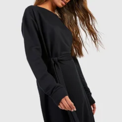 Langärmliges Sweatshirt-Kleid Mit Bindegürtel -Diven Stil Verkaufsgeschäft gzz48971 black xl 3