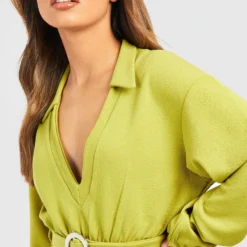 Kleid Aus Crepestoff Mit Gürtel Und Kragen -Diven Stil Verkaufsgeschäft gzz50803 olive xl 3