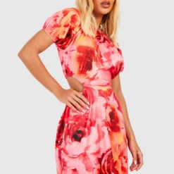 Florales Cut-Out Kleid Mit Puffärmeln -Diven Stil Verkaufsgeschäft gzz51215 pink xl 2 scaled