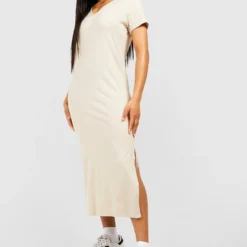 Baumwoll T-Shirt-Kleid Mit V-Ausschnitt 8 Baumwoll T-Shirt-Kleid Mit V-Ausschnitt -Diven Stil Verkaufsgeschäft gzz52017 stone xl 2