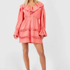 Strukturiertes Rüschen-Kleid -Diven Stil Verkaufsgeschäft gzz52163 coral xl 2