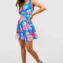 Florales Kleid Mit Rüschensaum Und Tiefem Ausschnitt -Diven Stil Verkaufsgeschäft gzz52230 blue xl 2