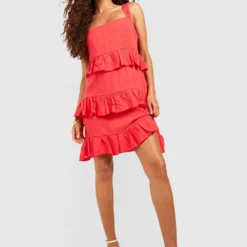 Strukturiertes Rüschen-Kleid Aus Leinen -Diven Stil Verkaufsgeschäft gzz53230 coral xl 2