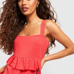 Strukturiertes Rüschen-Kleid Aus Leinen -Diven Stil Verkaufsgeschäft gzz53230 coral xl 3