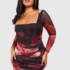 Plus Florales Mesh Bodycon-Kleid Mit Abstraktem Blumenprint -Diven Stil Verkaufsgeschäft gzz53608 red xl scaled