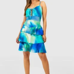 Marmor-Print Kleid Mit Rüschensaum -Diven Stil Verkaufsgeschäft gzz53804 blue xl 2