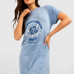 T-Shirt-Kleid Mit Acid-Waschung Und Slogan -Diven Stil Verkaufsgeschäft gzz54450 washed20blue xl 2