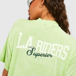 T-Shirt-Kleid Mit Acid-Waschung Und La Riders Slogan -Diven Stil Verkaufsgeschäft gzz54452 green xl 3