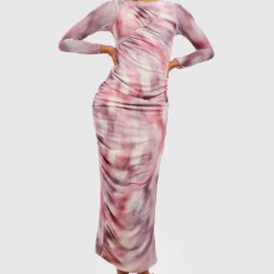 Tall Langärmliges Mesh-Kleid Mit Marmor-Print -Diven Stil Verkaufsgeschäft gzz54512 pink xl 2