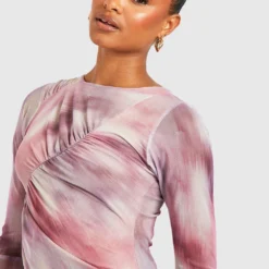 Tall Langärmliges Mesh-Kleid Mit Marmor-Print -Diven Stil Verkaufsgeschäft gzz54512 pink xl 3