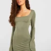 Langärmliges Rundhals Mini Bodycon-Kleid 2 Langärmliges Rundhals Mini Bodycon-Kleid -Diven Stil Verkaufsgeschäft gzz55235 khaki xl