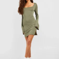 Langärmliges Rundhals Mini Bodycon-Kleid -Diven Stil Verkaufsgeschäft gzz55235 khaki xl 2