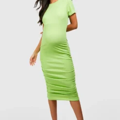 Umstandsmode Kurzärmliges Gerafftes Bodycon-Kleid In Knitteroptik