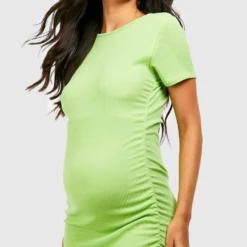 Umstandsmode Kurzärmliges Gerafftes Bodycon-Kleid In Knitteroptik -Diven Stil Verkaufsgeschäft gzz57071 lime xl 3