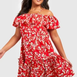 Plus Florales Cold-Shoulder Skater-Kleid -Diven Stil Verkaufsgeschäft pzz01718 red xl 3