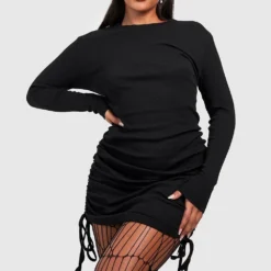 Plus Geripptes Gerafftes Bodycon-Kleid Mit Langen Ärmeln