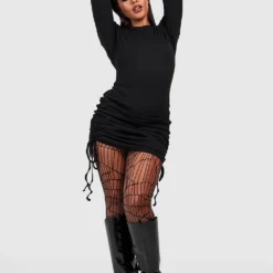 Plus Geripptes Gerafftes Bodycon-Kleid Mit Langen Ärmeln -Diven Stil Verkaufsgeschäft pzz08806 black xl 2