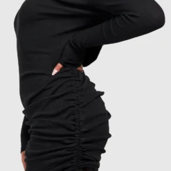 Plus Geripptes Gerafftes Bodycon-Kleid Mit Langen Ärmeln -Diven Stil Verkaufsgeschäft pzz08806 black xl 3