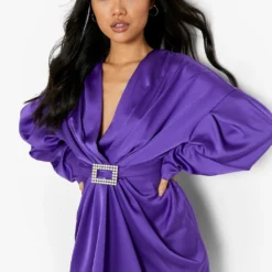 Petite Drapiertes Satin-Kleid Mit Strass-Schnalle -Diven Stil Verkaufsgeschäft pzz10592 purple xl 2