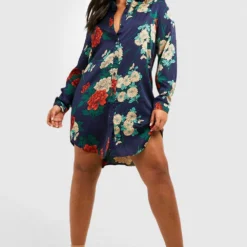 Plus Florales Satin Hemd-Kleid