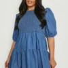 Plus Gerafftes Chambray Smok-Kleid -Diven Stil Verkaufsgeschäft pzz61672 blue xl