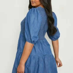 Plus Gerafftes Chambray Smok-Kleid -Diven Stil Verkaufsgeschäft pzz61672 blue xl 1