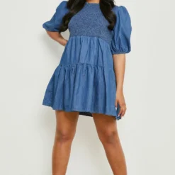 Plus Gerafftes Chambray Smok-Kleid -Diven Stil Verkaufsgeschäft pzz61672 blue xl 2