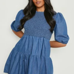 Plus Gerafftes Chambray Smok-Kleid -Diven Stil Verkaufsgeschäft pzz61672 blue xl 3