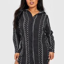 Plus Gestreiftes Hemd-Kleid Mit Punkten