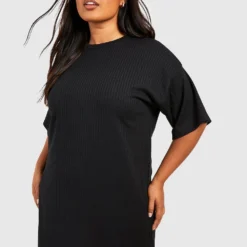 Plus Weich Geripptes, Schlichtes T-Shirt-Kleid In Übergröße