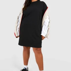 Plus Weich Geripptes, Schlichtes T-Shirt-Kleid In Übergröße -Diven Stil Verkaufsgeschäft pzz62286 black xl 2
