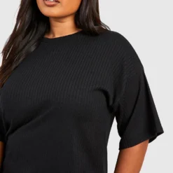 Plus Weich Geripptes, Schlichtes T-Shirt-Kleid In Übergröße -Diven Stil Verkaufsgeschäft pzz62286 black xl 3