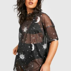 Plus Mesh T-Shirt-Kleid Mit Sonne & Mond Print 8 Plus Mesh T-Shirt-Kleid Mit Sonne & Mond Print -Diven Stil Verkaufsgeschäft pzz64910 black xl 2