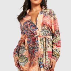 Plus Langärmliges Hemd-Kleid Mit Paisley-Print -Diven Stil Verkaufsgeschäft pzz66526 orange xl 2 scaled