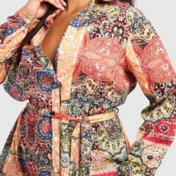Plus Langärmliges Hemd-Kleid Mit Paisley-Print -Diven Stil Verkaufsgeschäft pzz66526 orange xl 3