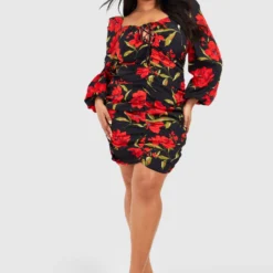 Plus Florales Gerafftes Kleid -Diven Stil Verkaufsgeschäft pzz67179 black xl 2 scaled