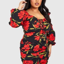 Plus Florales Gerafftes Kleid -Diven Stil Verkaufsgeschäft pzz67179 black xl 3 scaled
